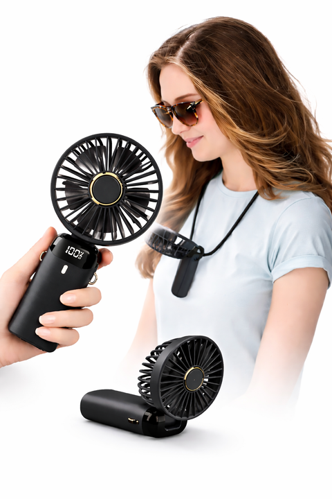 Portable Mini USB Fan 4-Speed LED Display Foldable Rechargeable Lanyard Cooling!