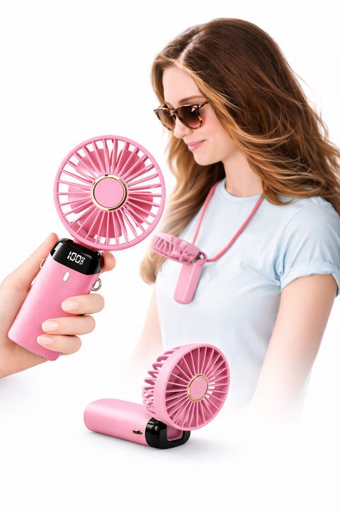 Portable Mini USB Fan 4-Speed LED Display Foldable Rechargeable Lanyard Cooling!