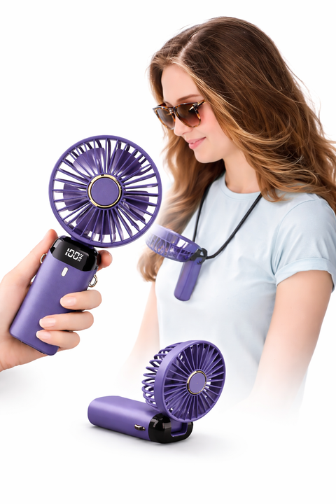 Portable Mini USB Fan 4-Speed LED Display Foldable Rechargeable Lanyard Cooling!